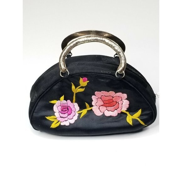Neshama Handbag - Black Silk Embroidered Flowers Butterflies 925Silver Handles